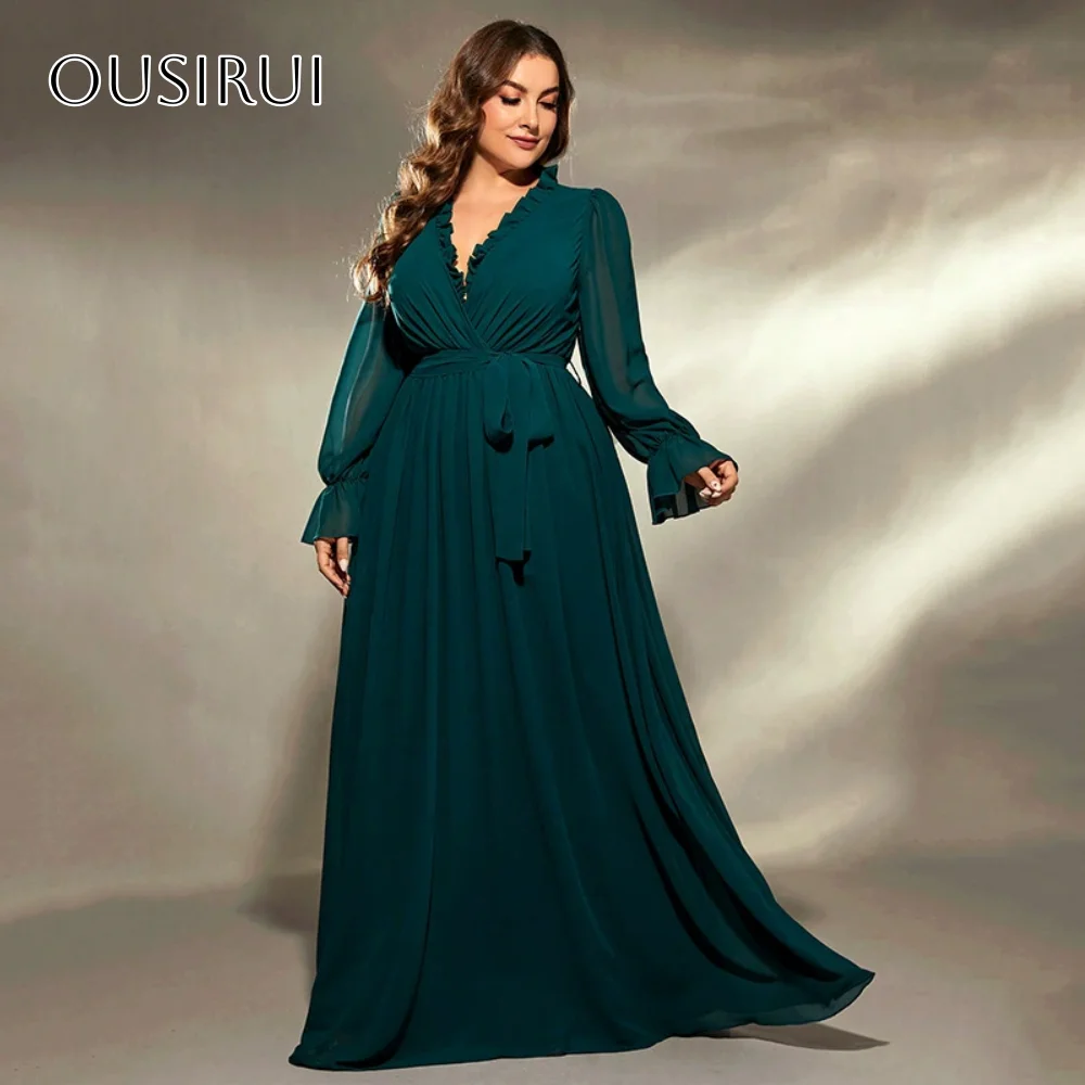 

Chiffon V-neck A-line Prom Dresses Floor Length Sash Long Sleeves Evening Dress Customized vestidos de fiesta elegantes