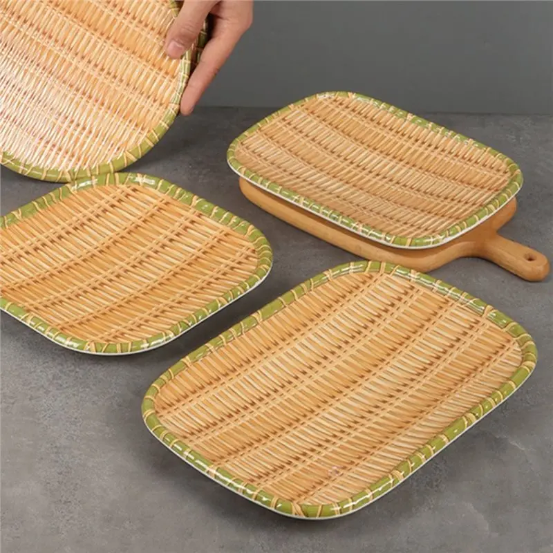 ABLN-Bamboo Weaving Melamine Hot Pot Vegetable Plate Green Barbecue Serving Dish Multiple Styles For Restaurant Use