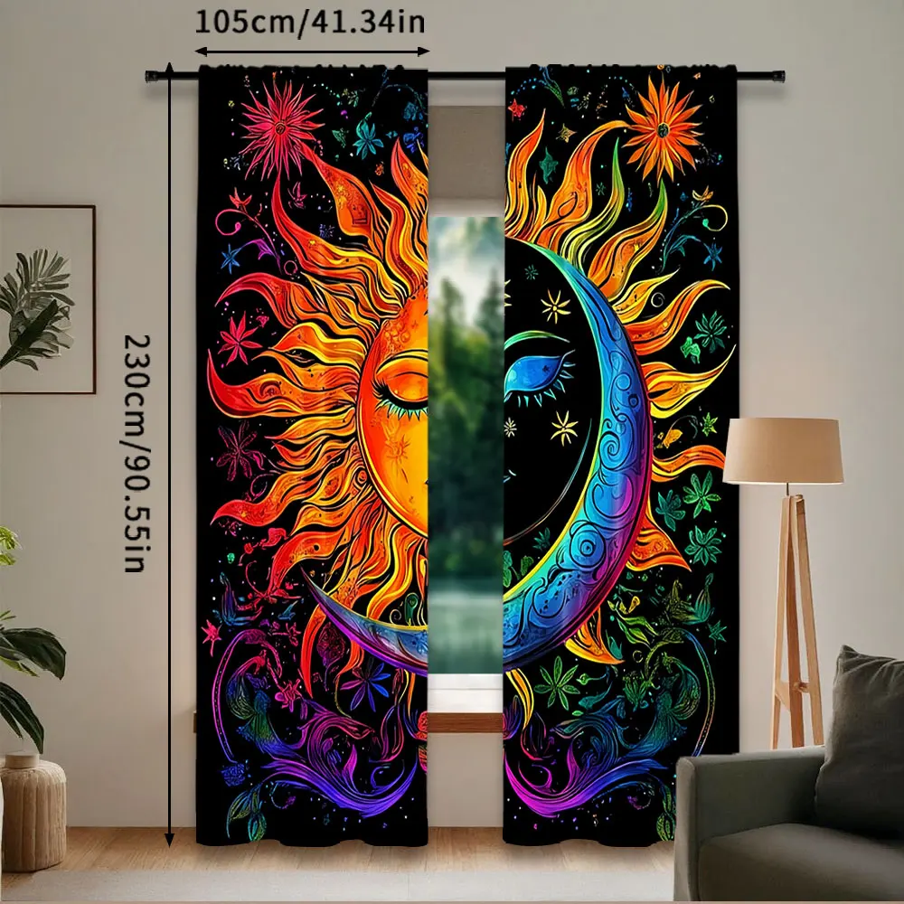 2Pcs Whimsical Abstract Sun Moon Pattern Curtains Fantasy Style Suitable For Living Room Dining Room Kitchen Bedroom Bathroom