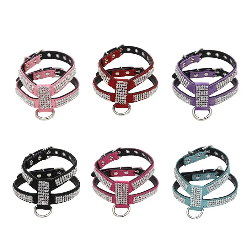 Dog Collar Adjustable Pet Products pet Necklace Dog Harness Leash Quick Release Bling Rhinestone 1 PC PU Leather