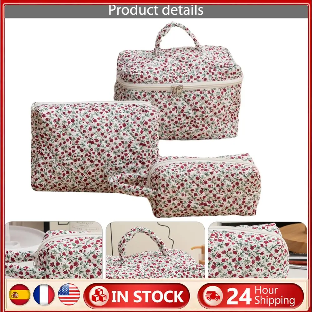 3 szt. Kwiatowa kosmetyczka bawełniana pikowana torba na kosmetyki o dużej pojemności organizer do makijażu torba do przechowywania z zamkiem błyskawicznym dla kobiet i dziewcząt