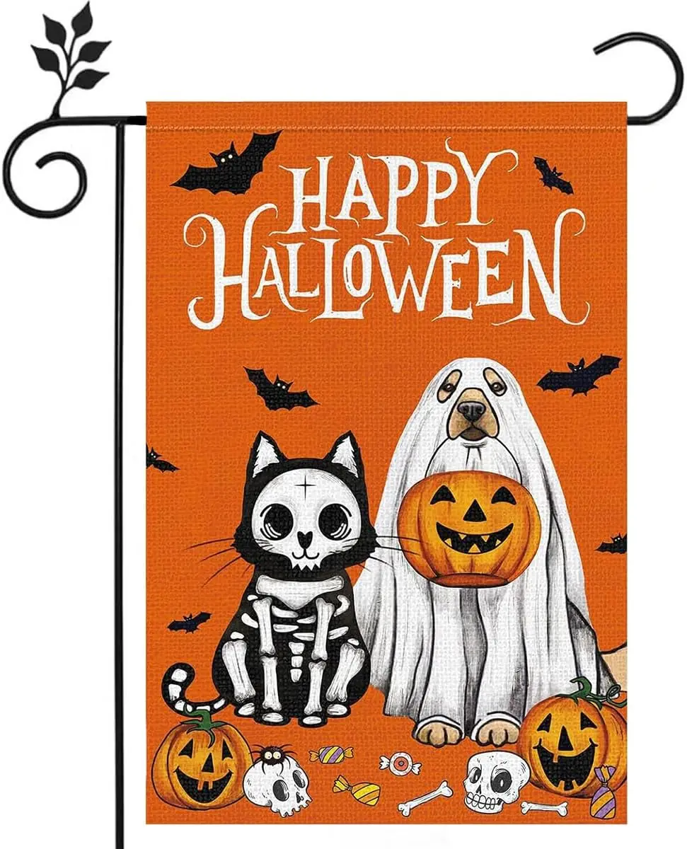 Halloween Happy Garden Flag 12x18 inch Double Sided Burlap Welcome Pumpkin Dog Home Outdoor Yard Flag Decoration -A