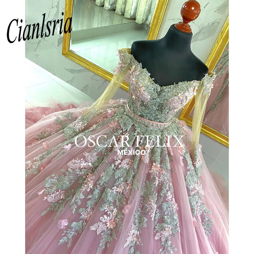 Pink Princess Ball Gown Quinceanera Dresses 2023 Off Shoulder With Long Sleeves Sweet 16 Dress Vestidos De 15 años