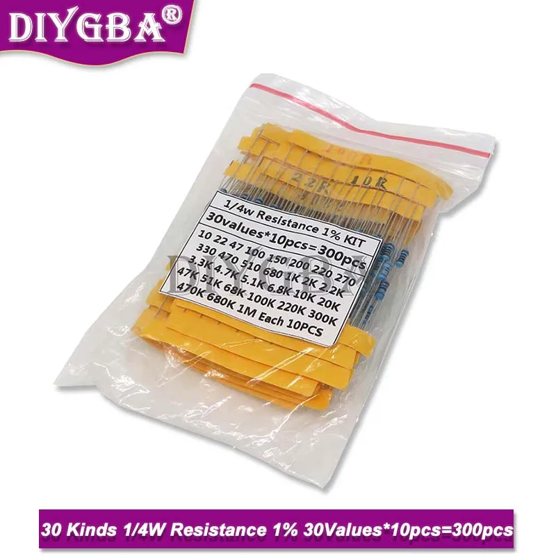 600PCS/Set 30Kinds 1/4W Resistance 1% Metal Film Resistor Pack Assorted Kit 1K 10K 100K 220ohm 1M Resistors (300Pcs 600Pcs)Set