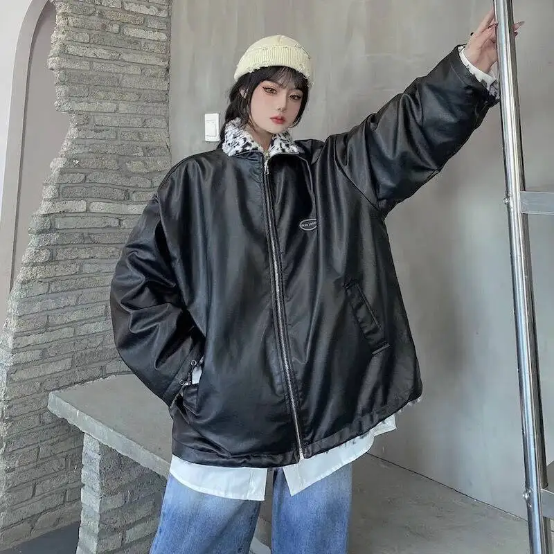 Autumn Pu Leopard Print Jacket Women Winter Fashion Two Sides Stand Collar Warm Outwear  Loose Korean Coats