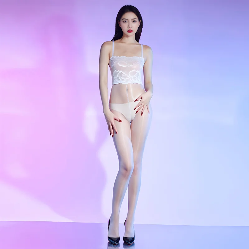 Stoking Bunga Renda Pantyhose Suspender Seksi Wanita Jumpsuit Mengkilap Minyak Ultratipis Kaus Kaki Stoking Selangkangan Terbuka Lingerie Eksotis