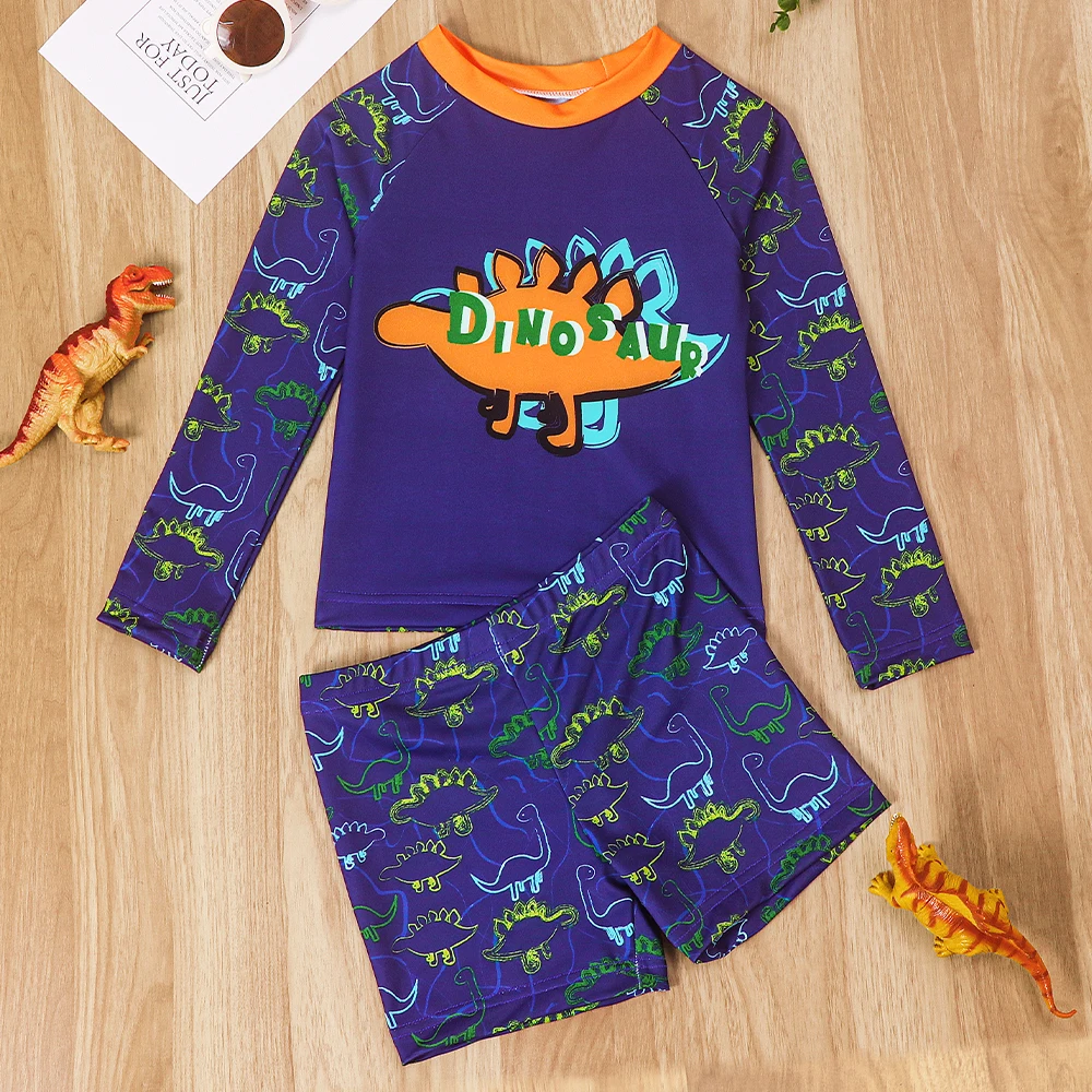 Boys Two Piece Rash Guard Swimsuits Kids Long Sleeve Swimwear Sets Summer Beach Swim Shirt and Bathing Suit Trunks