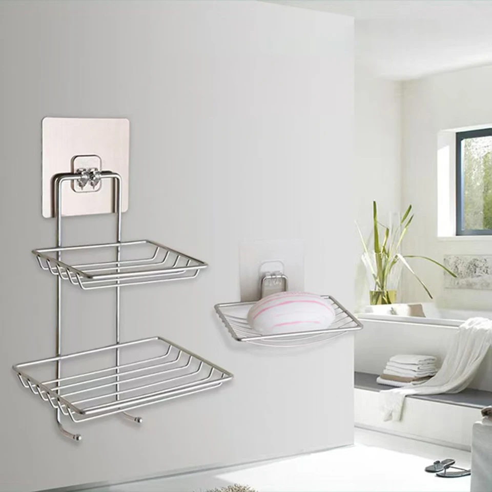 

1PC Non-perforated Washroom Single & Double Layer Soap Storage Rack Wall-mounted Stainless Steel Soap Drain Rack For Bathroom