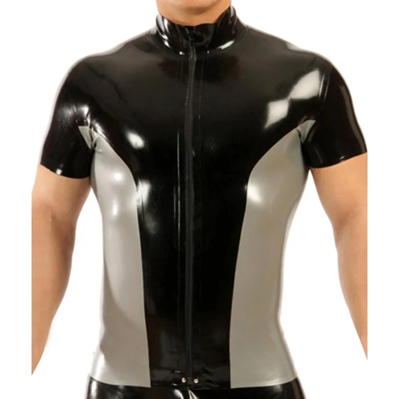 

Silver with Black Trims At 2 Sides Sexy Latex Shirts Short Sleeves Zipper At Front Rubber Tops High Collar Clothes