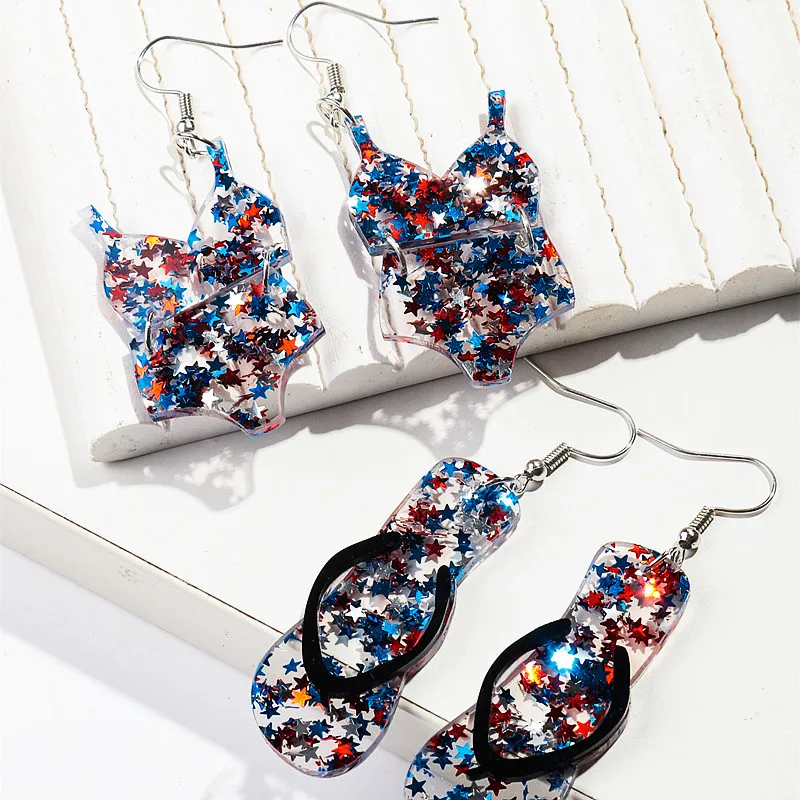 Independence Day Acrylic Sequin Bikini Slippers Drop Earring for Women Girls Blue Star Hat Eyes Earring Holiday Jewelry Gifts