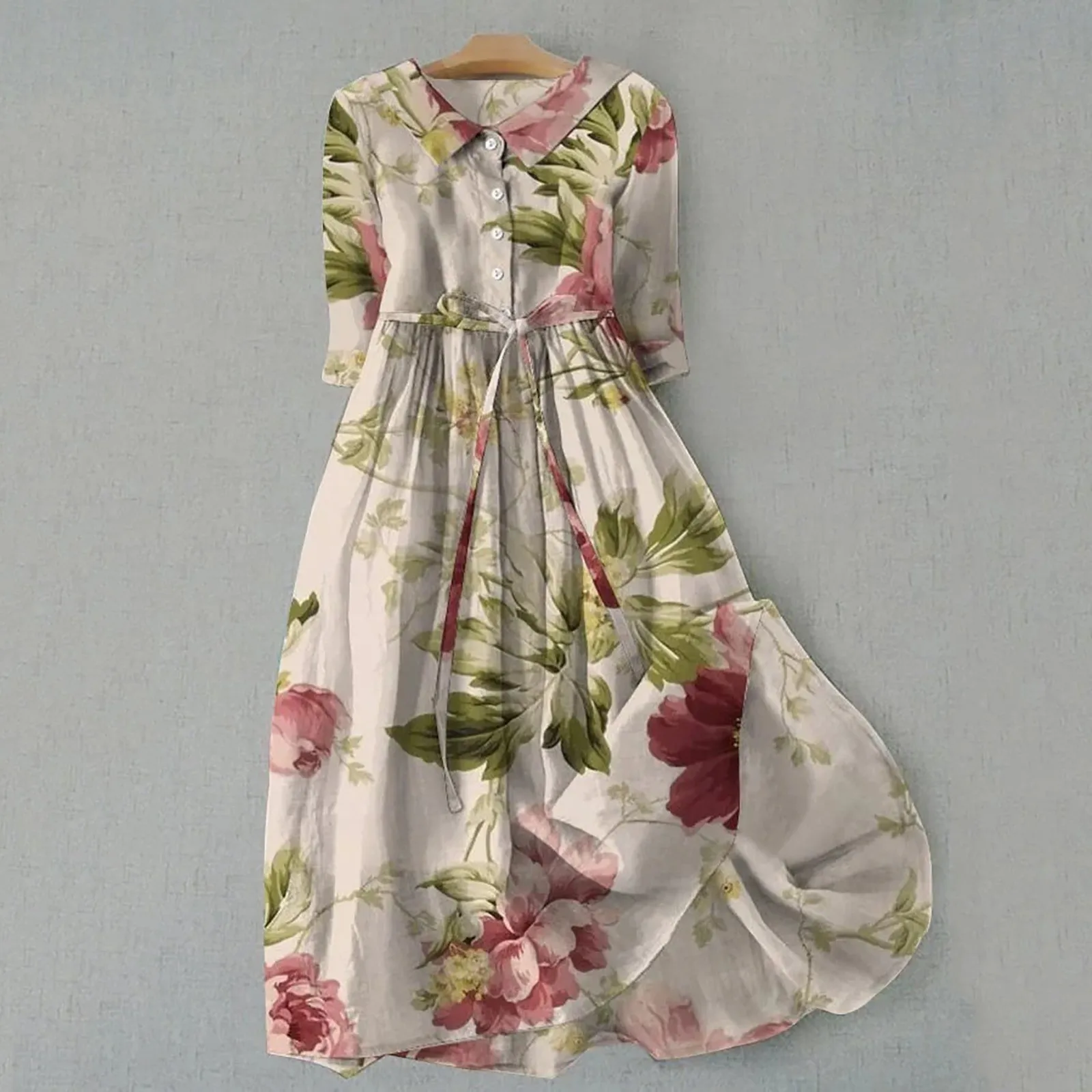 Vestido estampado floral de verão feminino, meia manga, laço de lapela, cintura alta, vestidos de linha única, boêmio