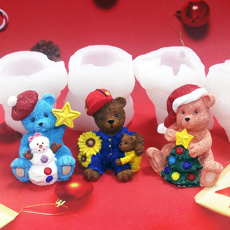 Snowman Gift Holding Flower Bear Gypsum Silicone Mold Frozen Ice Block Beverage Chocolate Dropping Gel Silicone Mold