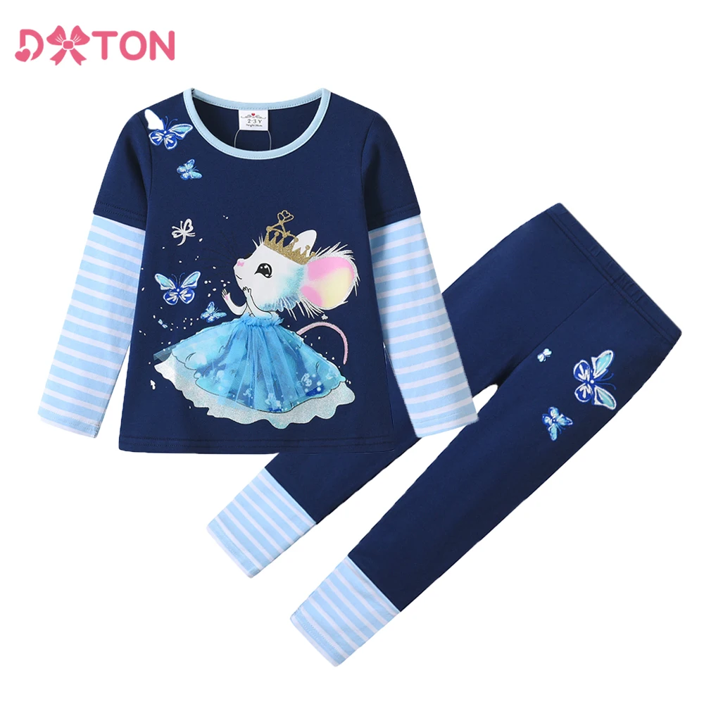 DXTON wiosna jesień z długim rękawem zestawy ubrań dla dzieci pulowerowe topy + spodnie 2 szt. Garnitury motyl królik kreskówka zestaw piżam dla dzieci