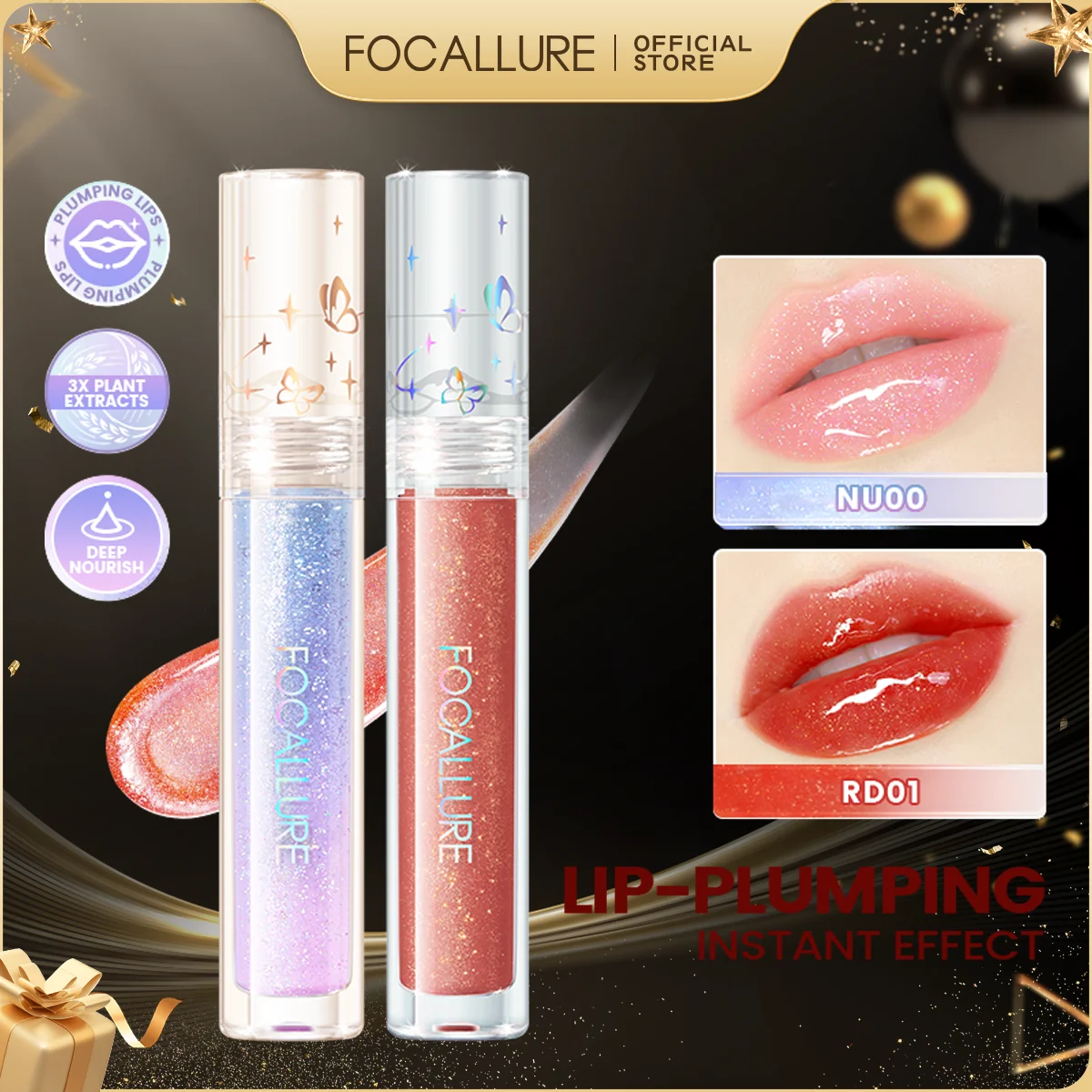 FOCALLURE Glitter Shimmer Liquid ลิปสติก Long-Lasting Moisturizing Lip GLOSSes เม็ดสีสูง Plumping Lip Glaze แต่งหน้าเครื่องสําอาง