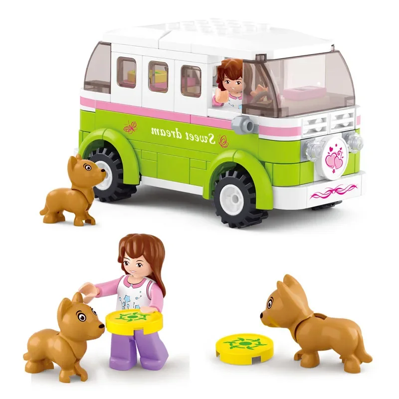 [Funny] 158pcs/set Friends Station Wagon Dream Outing Travel Car Puppies Building Blocks Car+Figure+Dog model sets kids gift toy