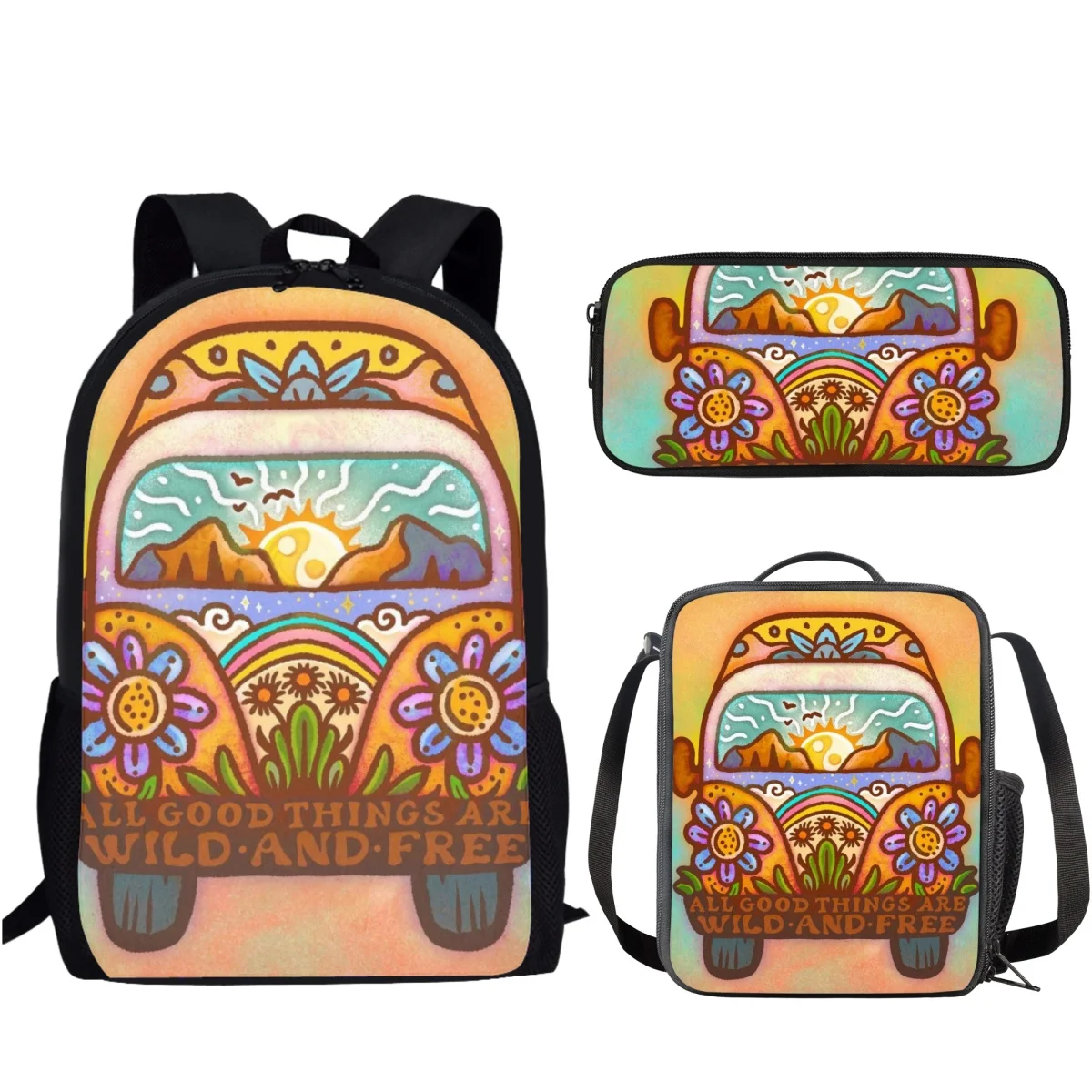 Women Large Capacity Backpacks 3Pcs School Bus Pattern Large Capacity School Bag and Meal Bag Pen Box Set Student School Bags