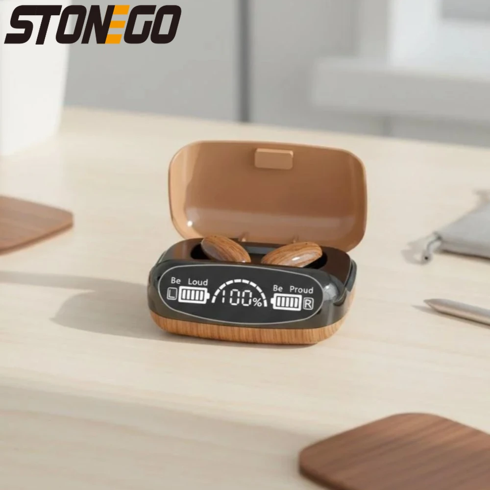 

Беспроводные наушники STONEGO Wood Grain Bluetooth 5.2 TWS с HD-дисплеем, зеркальным LED-экраном и сенсорным управлением, стереогарнитура