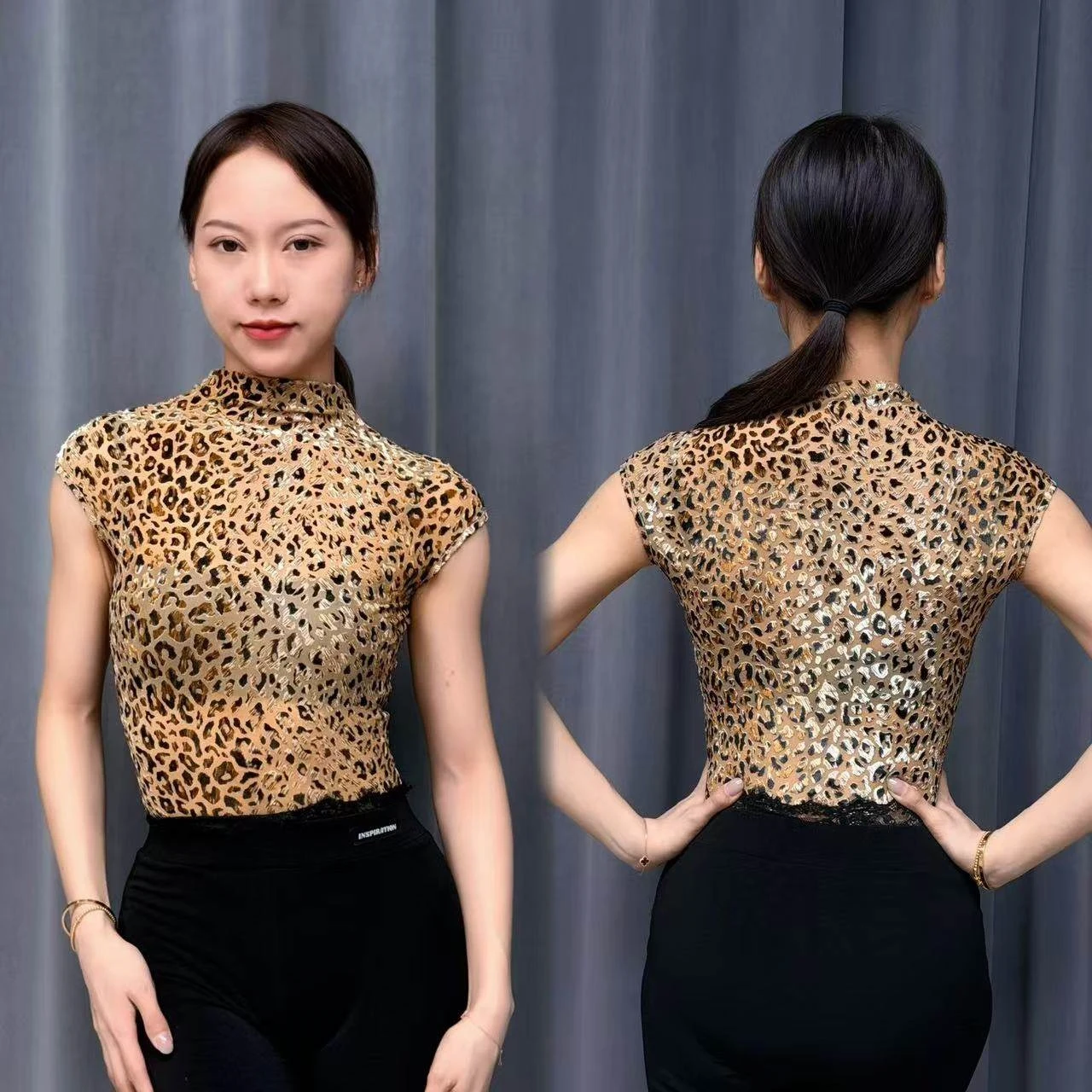 

Latin Dance Tops High Collar Sleeveless Lopard Leotards Women Rumba Chacha Dance Practice Clothes Summer Latin Dance Wear SS2266