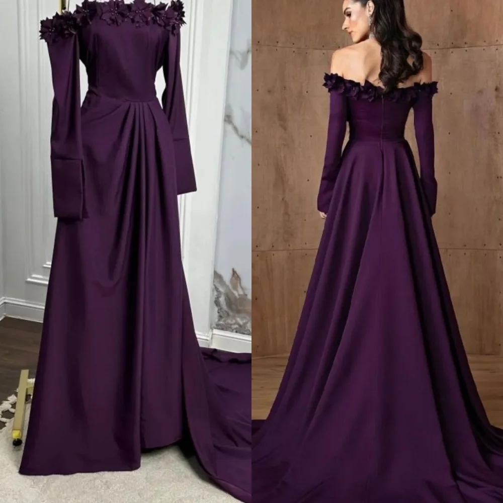 

Customized Pastrol Unisex Jersey Flower Pleat A-line Off-the-shoulder Long Dresses Bespoke Occasion Formal
