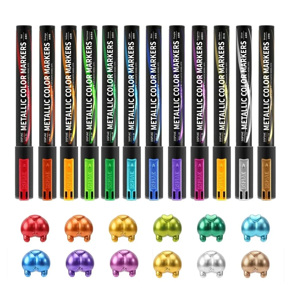 DSPIAE 12pcs MKA Super Metallic Color Markers Kit Dual Tips Pen for Gundam GK Model Mech Painting Artist Paint Hobby DIY Tool