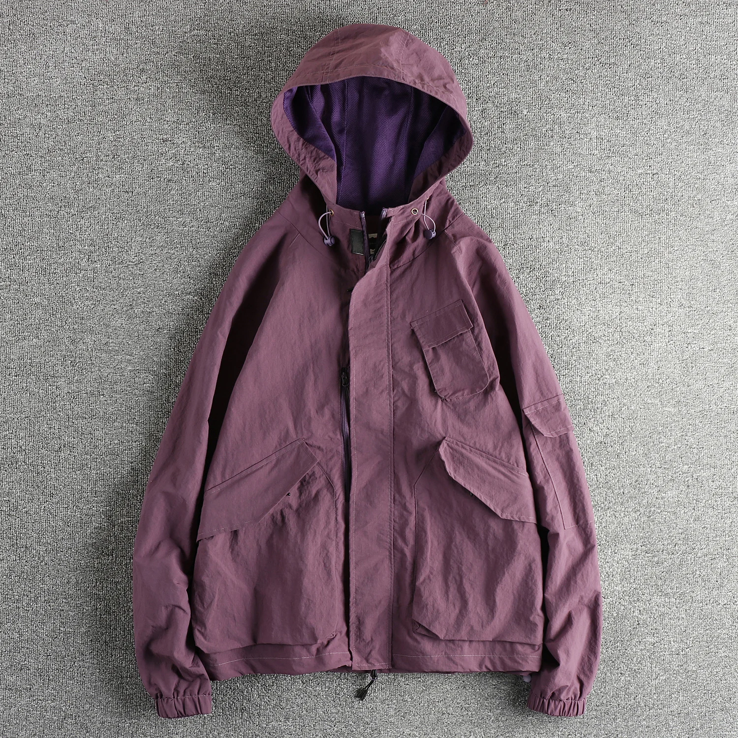 Vintage high street trend purple cargo jacket Men's outdoor casual multi-pocket youth hooded trench coat