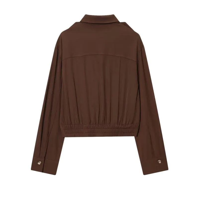 المرأة بدوره إلى أسفل طوق قميص بأكمام طويلة الخريف حزام الكتف الزينة أضعاف الحاشية الأمامية زر عادية الإناث القمم