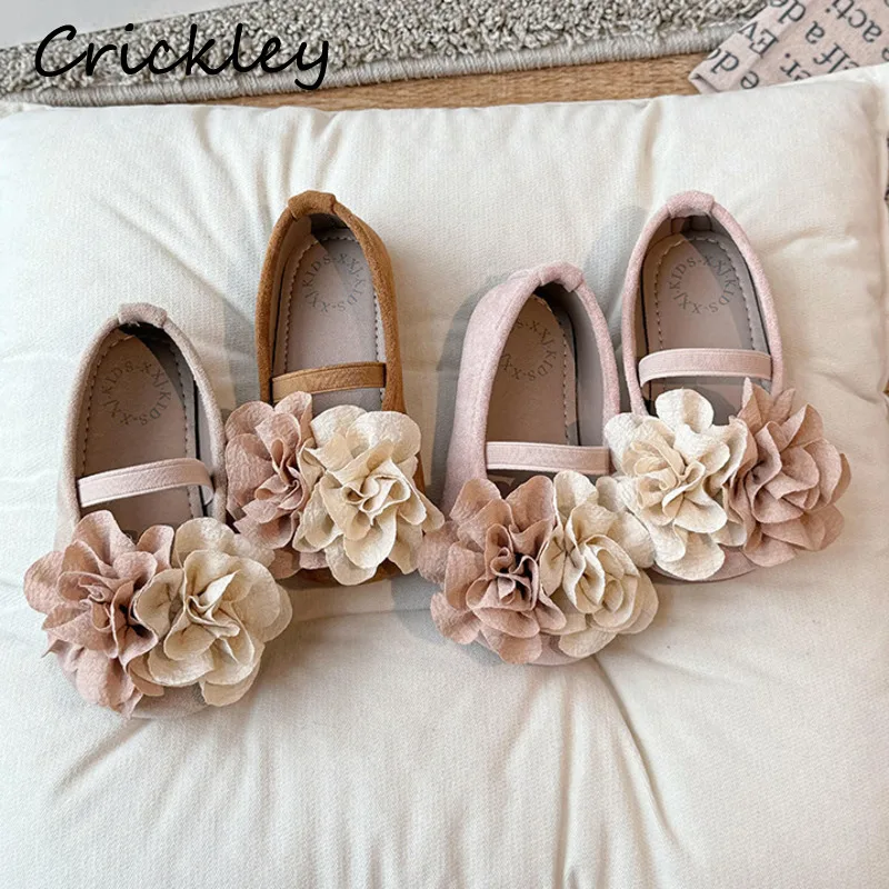 Flowers 3D Children Flats Shoes Spring PU Soft Sole Toddler Girls Princess Shoes Non Slip Elastic Band Kids Fashion Shoes