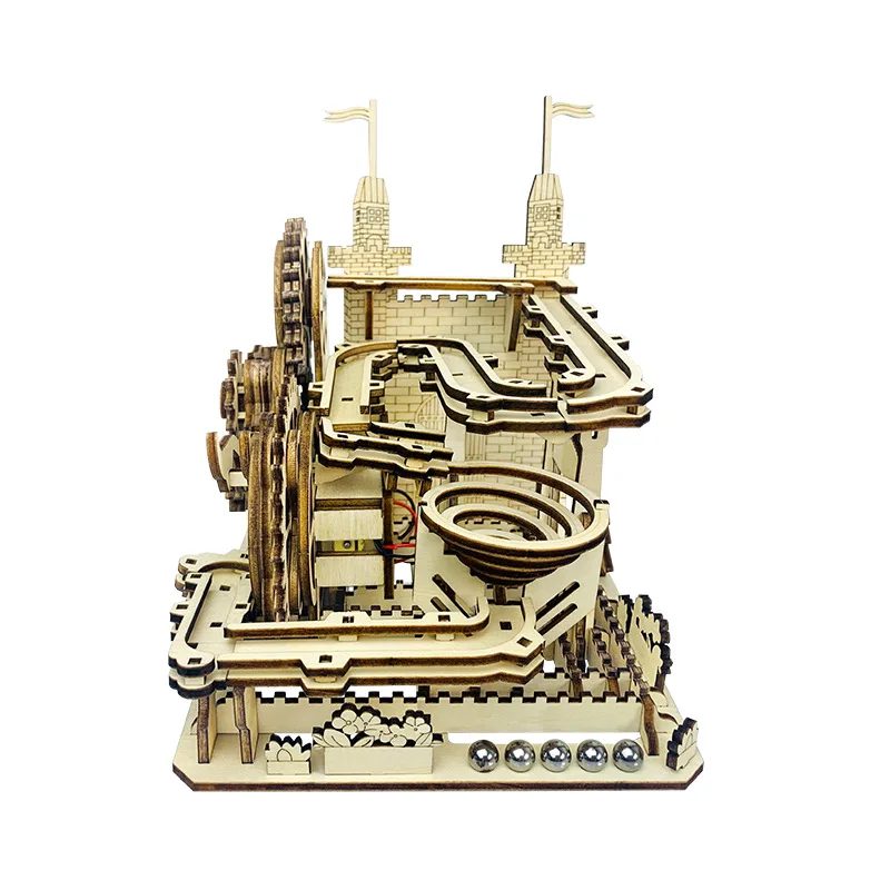 3D Wooden Puzzle Castle Mechanical Track Ball Model Handmade DIY Assembly Toy Jigsaw Building Kits for Boys Birthday Gifts