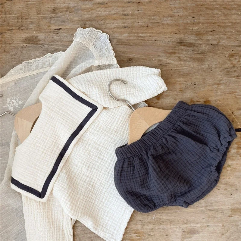 Spring Summer Romper Baby Boy Girl Clothes Set 0-24M Baby Cotton Linen Lapel Navy Style Long Sleeve Shorts Children Sets