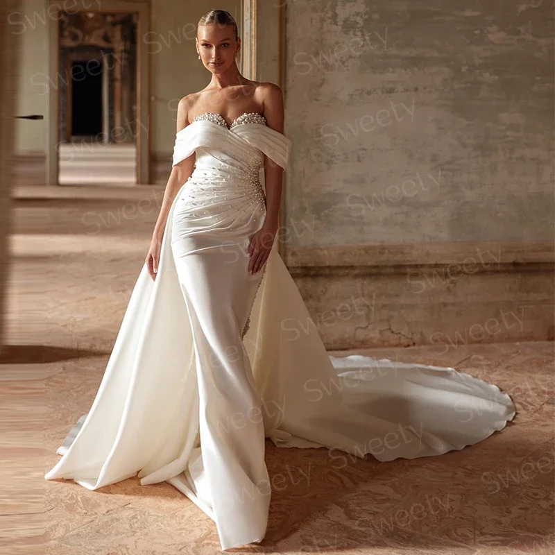 Abito da sposa a sirena staccabile 2 in 1 in taffettà con perline Abito da ballo in pizzo con scollo a barca senza maniche con cerniera da sposa Robe MariéE in raso