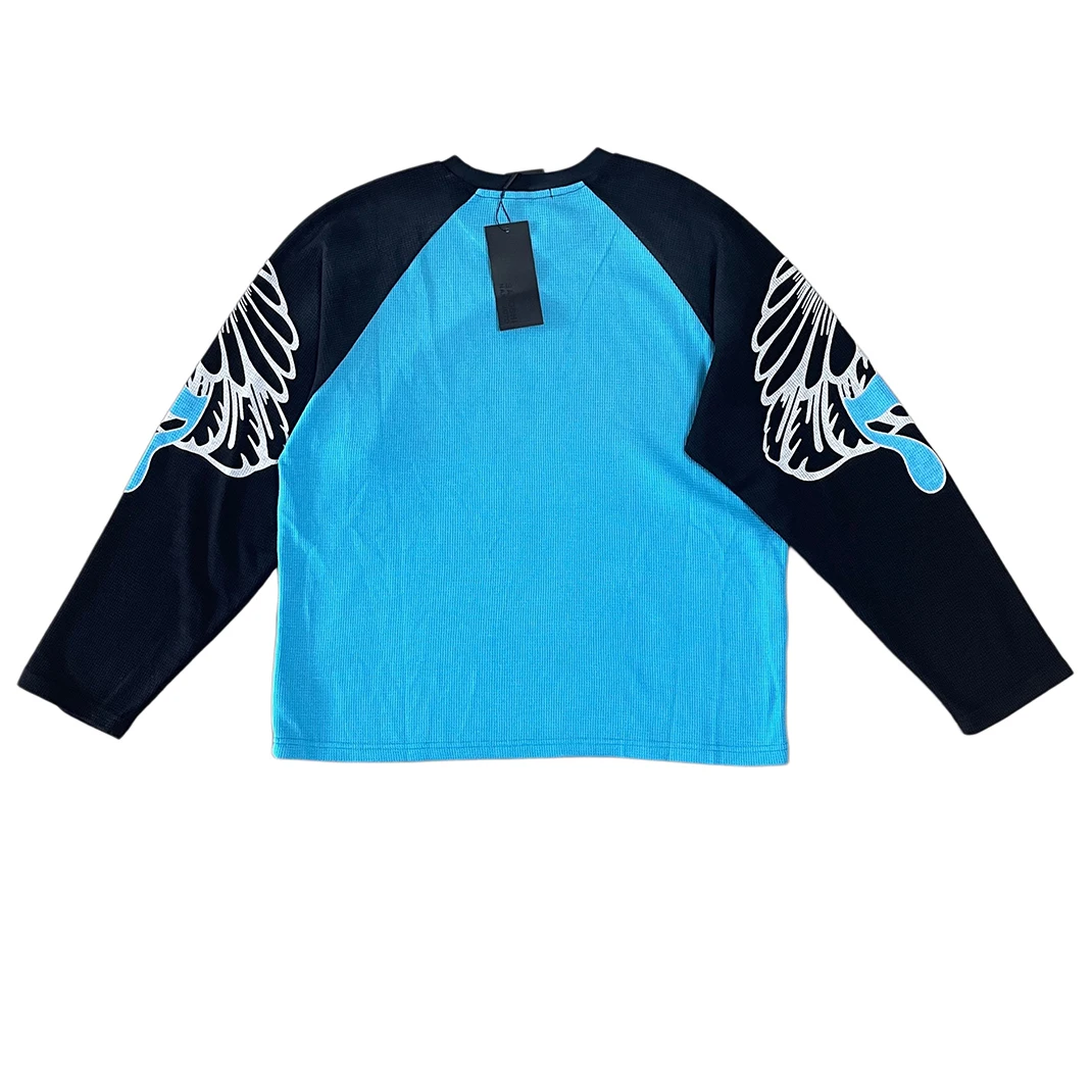 High Street Washed Wax Printed Waffle Weave Long Sleeve Tshirts for Men and Women Patchwork Loose Autumn Top Tees Oversized