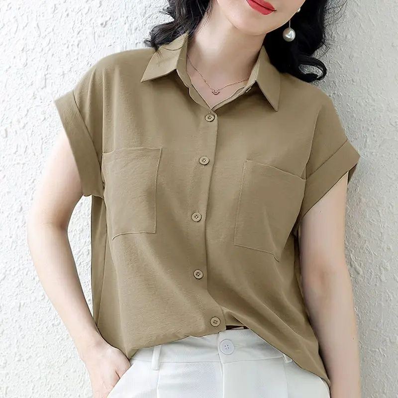 Women\'s Clothing Summer Fashion Solid Loose Elegant Buttton Up Shirt Simple Office Lady Commute Blouse Short Sleeve Tops Blusas