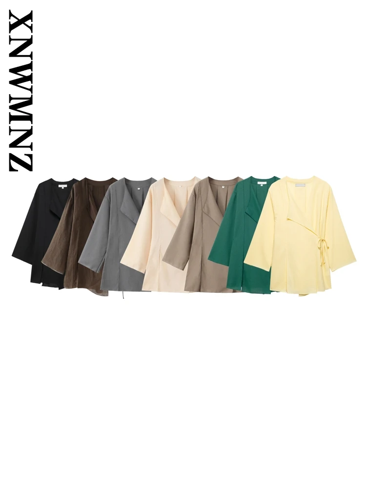 

XNWMNZ 2025 Spring Women Clothing Vintage Casual V-Collar Long Sleeve Linen Outerwear Chic Woman Coat Commuting Long Sleeve Top