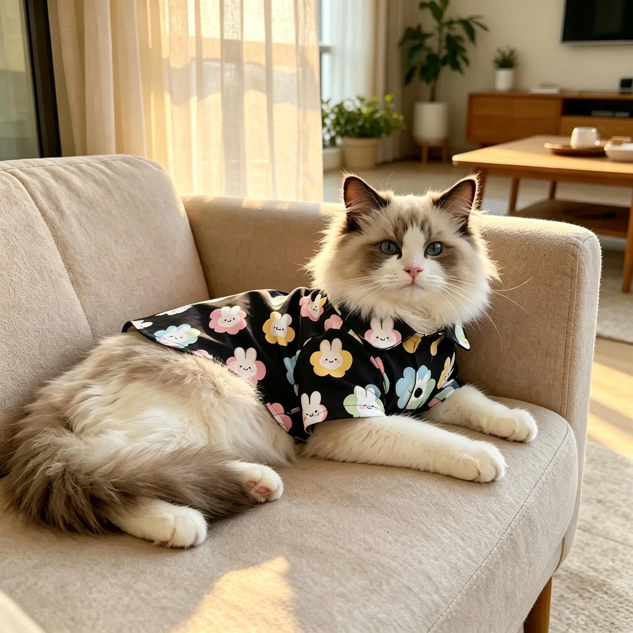 Pet Cat Shirt Black Colorful Bunny Flower Print Lightweight Button Up for Small Medium Cats Cute Cartoon Theme Daily Wear