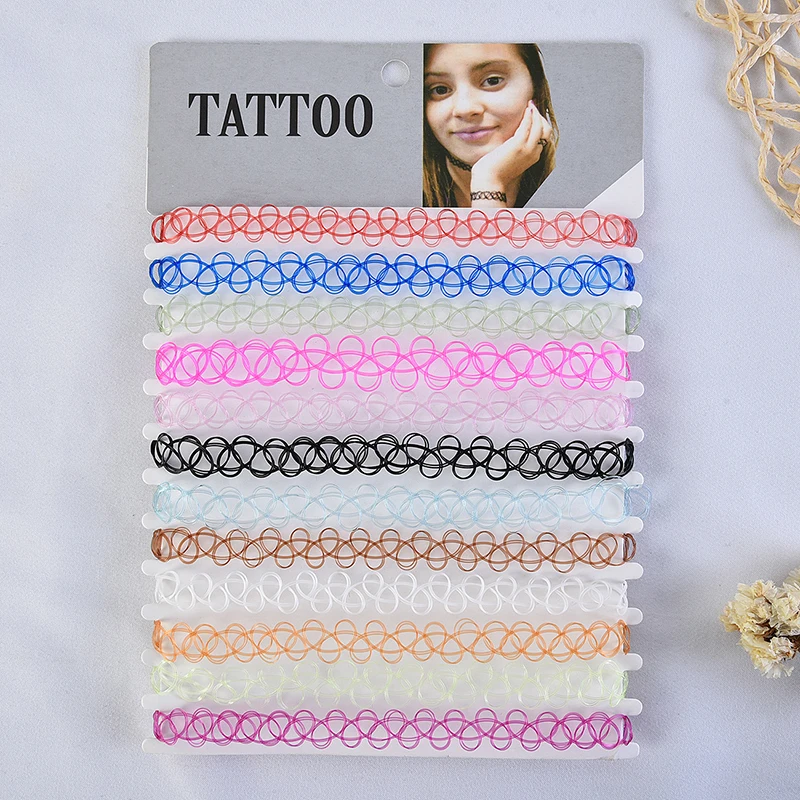 12PCS Hot Sell Vintage Hippy Stretch Tattoo Choker Necklace Elastic Chocker Necklace Fishing Line Tattoo Necklace Elastic