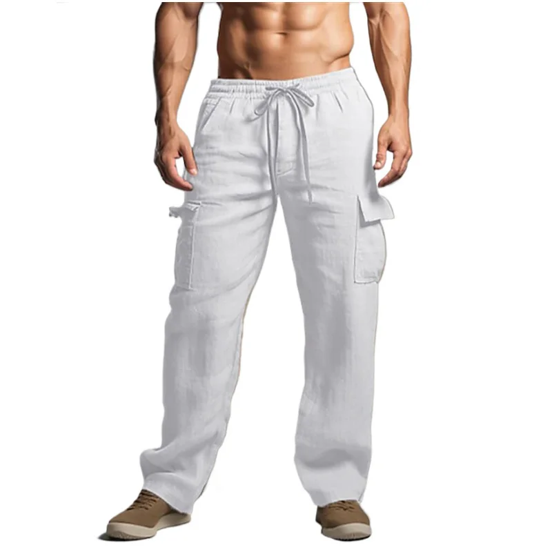 2024 New Men's Large Size Cotton Hemp Leisure Sports Fashion Straight Tooling Solid Color Pants