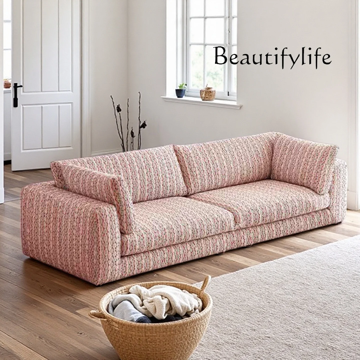 Removable and washable cotton and linen fabric three-person sofa French retro minimalist living room straight sofa