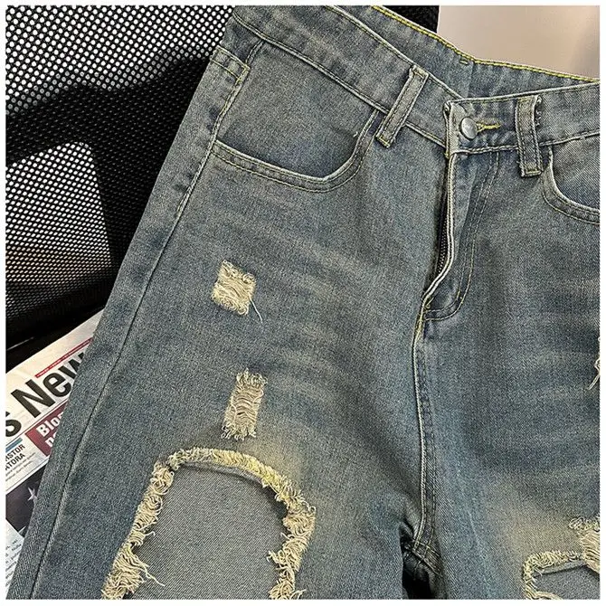 American high street ripped straight leg washed jeans for men and women summer personality loose hip-hop street casual pants y2k