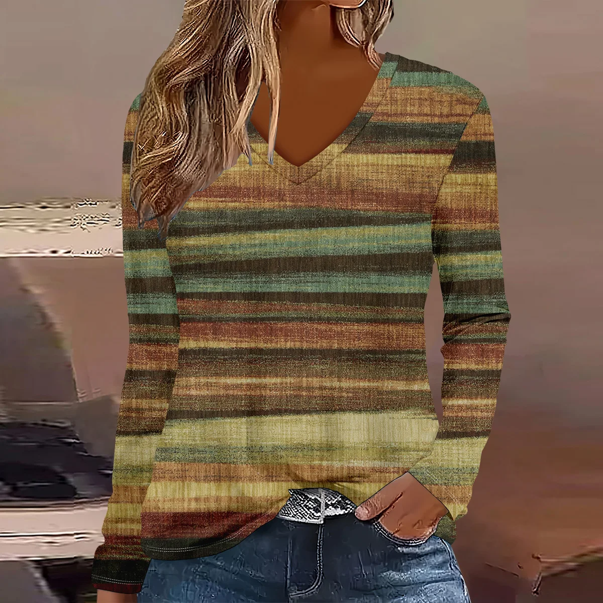 Fashion geometry pattern 3D Print  Women V-Neck Long Sleeve T-Shirt Casual Polyester Breathable Women's Clothing Apparel Tops