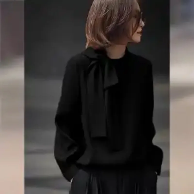 

Элегантная женская блузка с завязками на шее и длинными рукавами, повседневная свободная однотонная офисная блузка для женщин