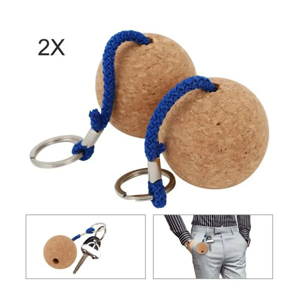 2Pcs 50mm Floating Cork Ball Key Ring Sailing Boat Float Buoyant Rope Portable Durable Wooden Keychain Keyring Kayak Accessories