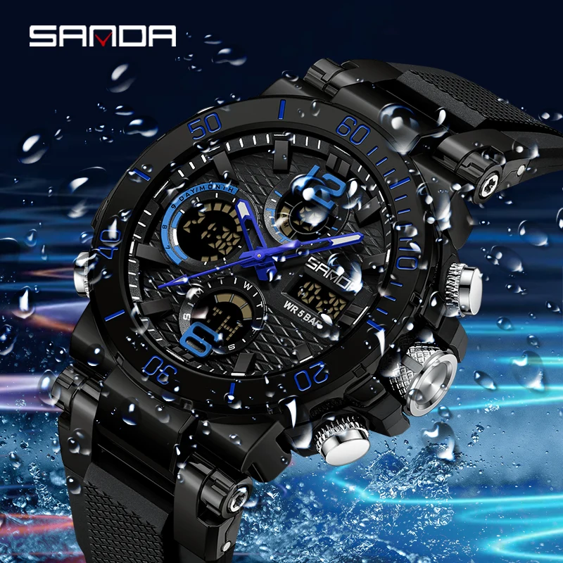 Sanda 2024 New Dual Screen Men's Digital Watch Nightlight Waterproof Multifunctional Popular Men's Alarm Clock 6167 Wristwatch