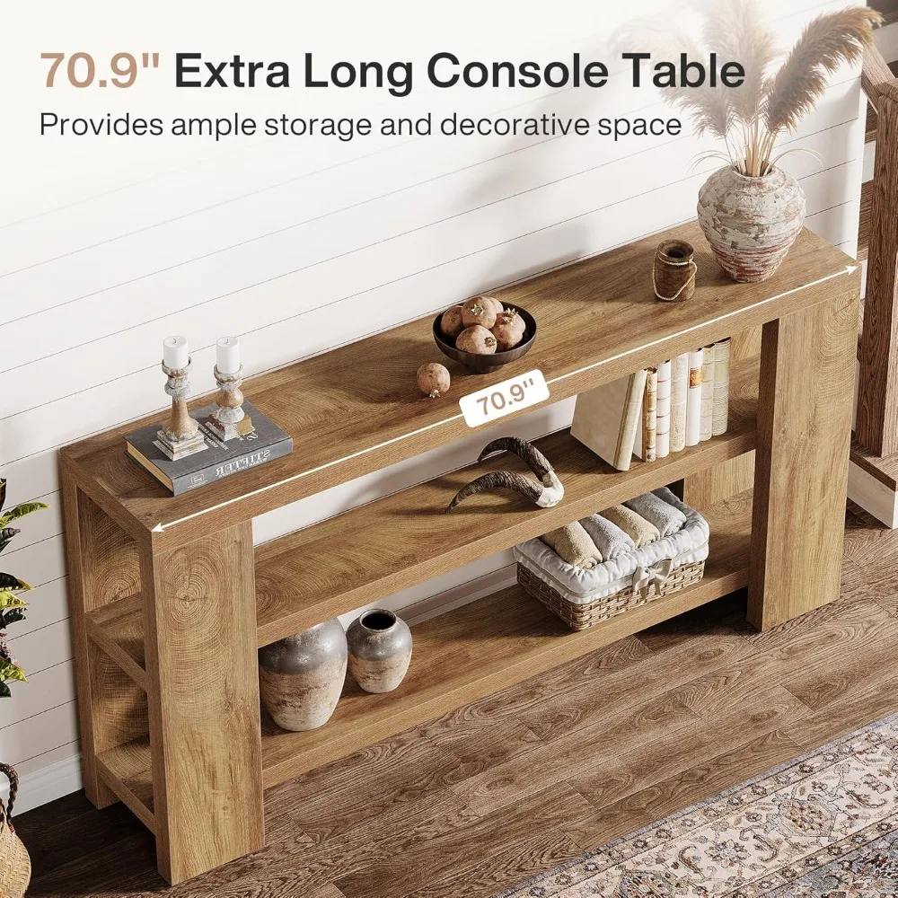 70.9-Inch Extra Long Console Table with Storage, Narrow Wooden Sofa Table Behind The Couch, Farmhouse 3-Tier Entry Fo