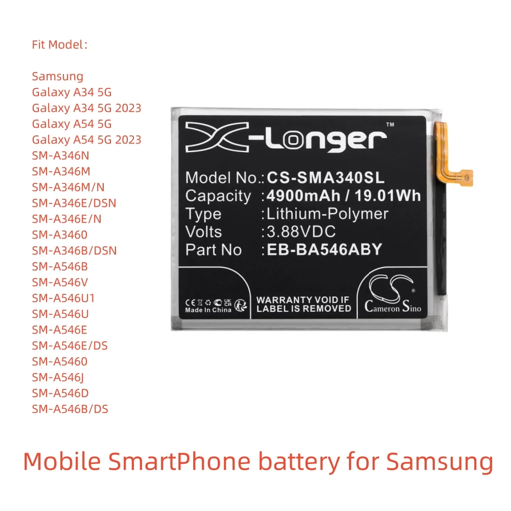 Li-Polymer Mobile SmartPhone battery for Samsung,3.88V,4900mAh,Galaxy A54 5G 2023 SM-A346M/N EB-BA546ABY GH82-31469A