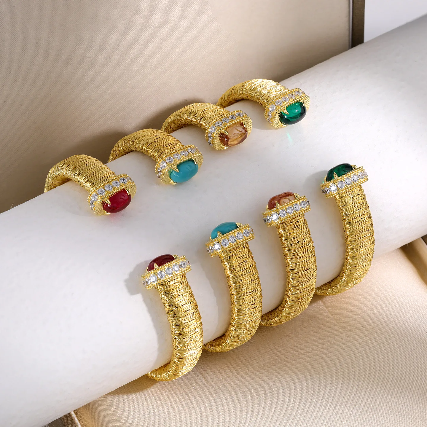 Italian Coil Wire Light Luxury Vintage Brushed Bracelet for Women, Gold-Plated Open-End with CZ Diamond & Turquoise, Fashion Ver
