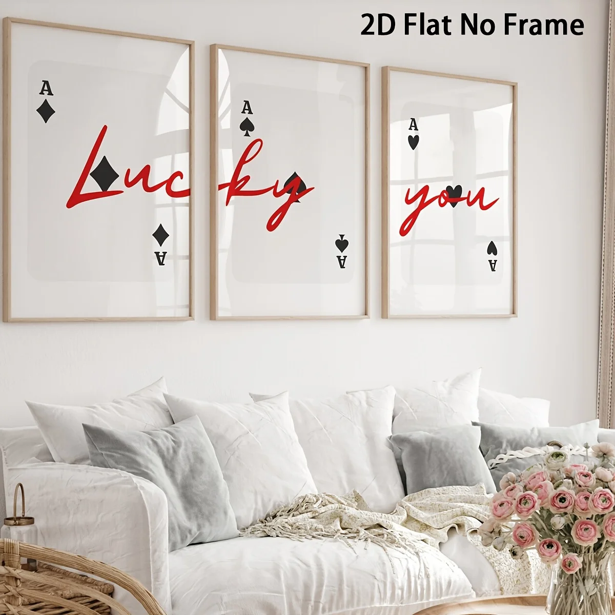 （3PCS NOFrame）-2D Flat, 2D Flat, 2D Flat Set of 3pcs of 2D Flat Art Prints Featuring Poker Card Designs with The Phrase 'Luck