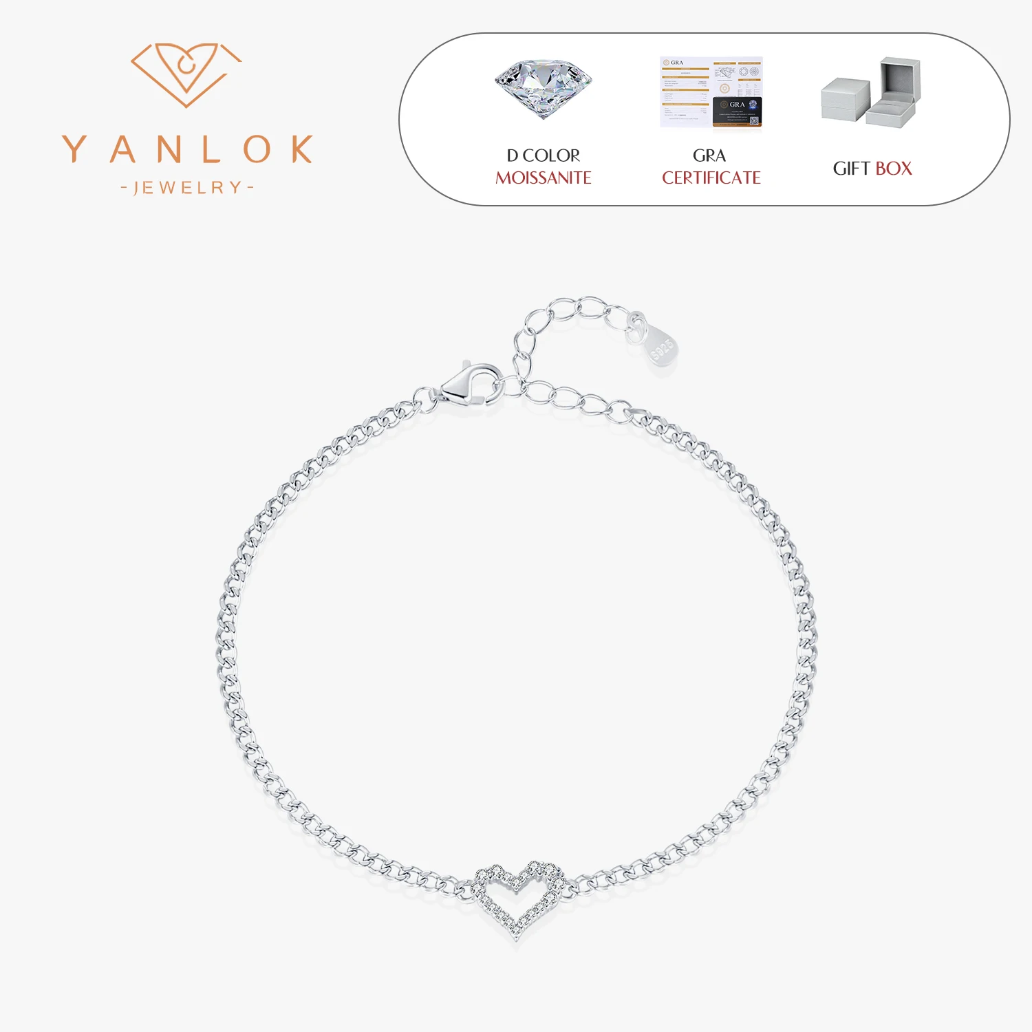 

YANLOK 925 Sterling Silver D Color Moissanite Irregular Heart Bracelet For Women Trendy Gold Color Party Bracelets Fine Jewelry