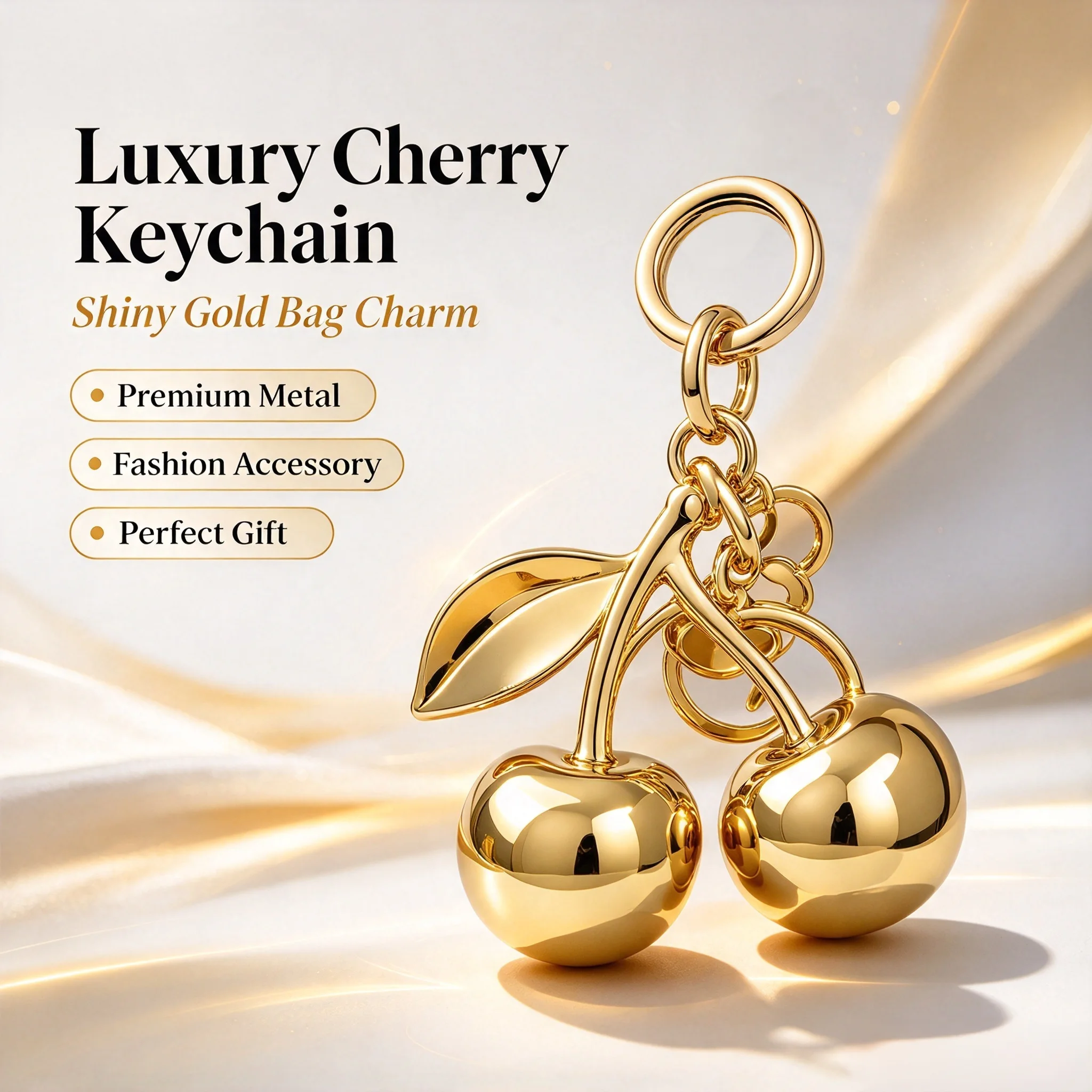 Fashion Gold Cherry Keychain Metal Cherry Bag Ornament Women Handbag Decor Car Key Ring Bag Pendant Accessory Gift