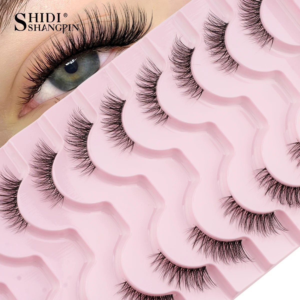 Ciglia Finte a Metà Lunghezza 5/10 Paia, Aspetto Naturale, Effetto Occhio di Gatto, Estensione Ciglia con Banda Trasparente