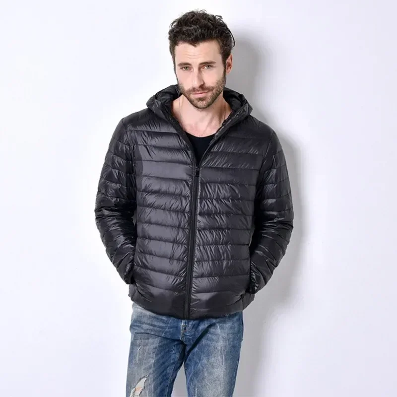 Primavera Outono Marca de Moda Ultra Light Duck Down Jacket Mens Coreano Streetwear Casaco de Pena Com Capuz Jaqueta Roupas Masculinas Quentes